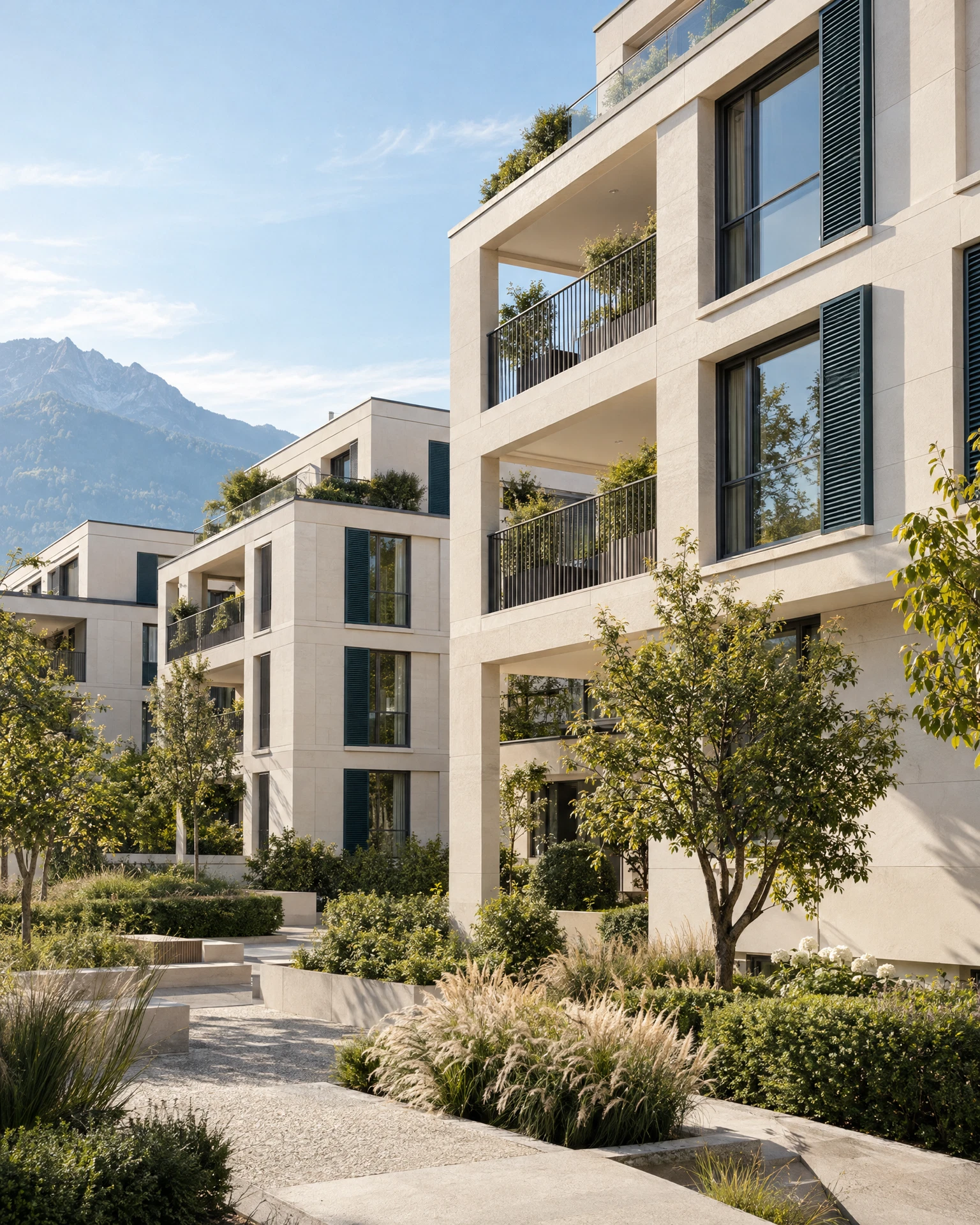 Architekturmotiv einer modernen Wohnüberbauung mit begrüntem Innenhof
